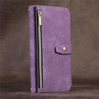 Imagem de HJZSZX Para iPhone 13 Mini Long Lanyard Flip Couro Phone Case Zip Wallet Multi Cartões Capa (Para iPhone 13 Mini/ROXO)