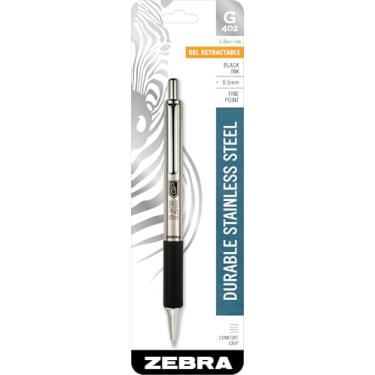Imagem de Zebra Pen Caneta de gel G-402, pacote com 1, tinta preta, ponta fina de 0,5 mm, barril de aço inoxidável, aderência emborrachada confortável, clipe de metal seguro, bolso para camisa (49211)
