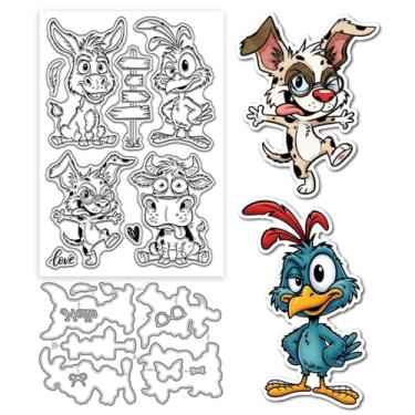 Imagem de GLOBLELAND Funny Animals Conjunto de carimbos transparentes e matrizes de corte para fazer cartões, desenho animado, burro, pássaro, cachorro, vaca, selo, metal, animais, cortes para álbum de fotos