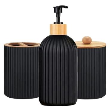 Imagem de Kit Organizador de Lavabo 3 Peças – Porta Sabonete Líquido, Porta Escova e Pote Multiuso com Tampa de Bambu – Branco ou Preto (Preto)