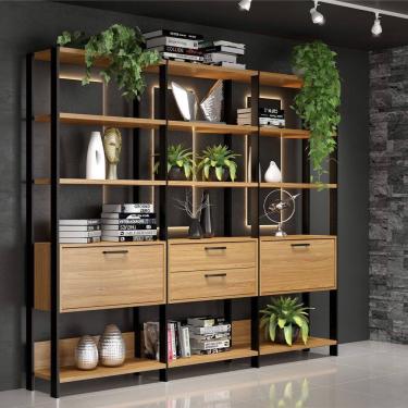 Imagem de Estante em MDF para Livros 2 Portas 2 Gavetas Estilo Industrial E93 Freijó Preto Fosco Dalla Costa