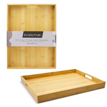 Imagem de Conjunto de bandeja de bambu com alças – Bandeja decorativa para café da manhã na cama, almoço, jantar, aperitivos, pátio, otomano, mesa de centro, churrasco, festa