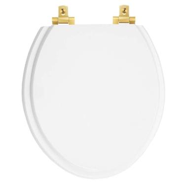 Imagem de Tampa De Vaso Mdf Com Amortecedor Oval Branco Para Todas As Marcas Com Ferragem Dourada