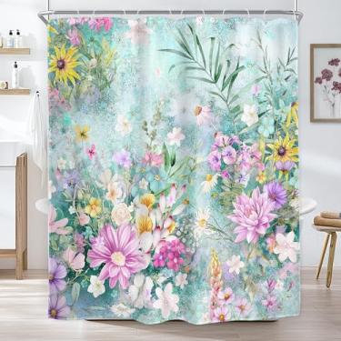 Imagem de AMBZEK Cortina de chuveiro floral azul-petróleo 152 cm L turquesa verde menta, flores silvestres, planta botânica, tecido de arte elegante, tecido de poliéster impermeável, conjunto de decoração de