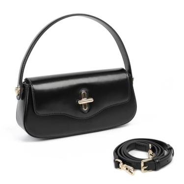 Imagem de MoreFather Bolsa tiracolo de couro legítimo, bolsa de mão com alça superior para mulheres, bolsa de ombro com alça ajustável, Preto, Bonito
