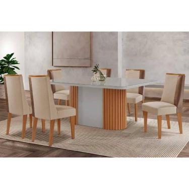 Imagem de Mesa Cozinha Pilar c/ Tampo Madeirado c/ Vidro Canto Curvo 180x90cm e 6 Cadeiras Tilia Madeira Maciça Naturale/Off White - Capuccino/Suede Creme-Rufat