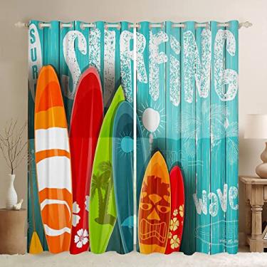 Imagem de Cortinas de prancha de surfe verão Havaí mar surf cortinas blackout, cortinas botânicas tropicais e cortinas cortinas de janela com estampa de palmeira, cortinas de janela de madeira azul 84Lx84L