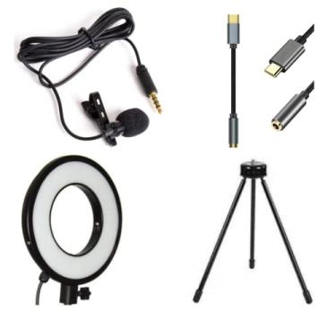 Imagem de Kit Youtuber com 1 Ring light de 6 polegadas, um tripé de mesa e 1 microfone de lapela + Adaptador USB-C – Stream Live Videoconferências Calls