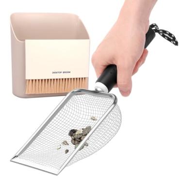 Imagem de FALESOUL Colher de areia de metal para gatos, pá de canto resistente para limpeza de areia com vassoura pequena e pá de lixo, colher de areia de peneira rápida captura todos os aglomerados, resíduos