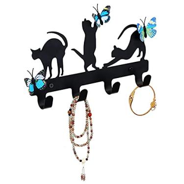 Imagem de PandS Porta-chaves para parede - Gato preto com borboletas azuis Ganchos decorativos para pendurar coleiras de cachorro - Toalheiro de banheiro para crianças