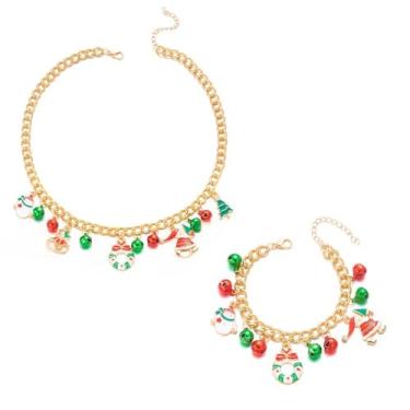 Imagem de Conjunto de colar com sino de Natal e pulseira para mulheres, elementos clássicos, guirlanda de árvore de Natal, boneco de neve, Papai Noel, sininhos, gargantilha, pingente, pulseira, festiva