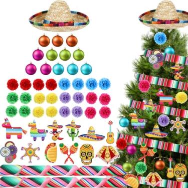 Imagem de Maysing Conjunto de 62 peças de decorações de árvore de Natal mexicana estilo mexicano chapéu de árvore fita para pendurar enfeites de bola de Natal flores de papel ornamentos de madeira para