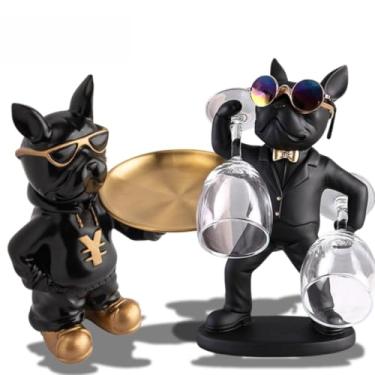 Imagem de Escultura Decorativa Enfeite Bulldog Cachorro Com Bandeja e Óculos Porta Taças Objeto Cofre Decoração(Kit 2 pçs (3176 + 4101))