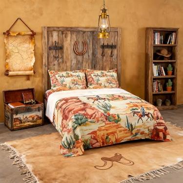 Imagem de Manfei Jogo de cama solteiro de caubói ocidental, deserto de cacto, sudoeste, país, fácil de lavar, boêmio, rústico, casa de fazenda, decoração de quarto infantil, lençol verde laranja (com elástico +