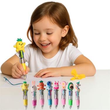 Imagem de 8 peças de mini canetas esferográficas multicoloridas 4 em 1 para crianças com desenhos fofos de desenhos animados, conjunto de material escolar Kawaii, canetas de escrita, lembrancinhas de festa