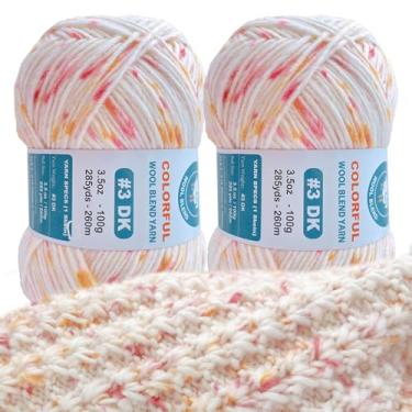 Imagem de FREEASYFAR Fio de lã colorido, fio de lã variegado super macio de camada única para tricô e crochê, 20% lã australiana e 80% acrílico, fio leve DK #3, 2 novelos, 200 g/570 m (marfim corado)