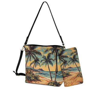 Imagem de Sannovo Conjunto de bolsa e carteira para mulheres, bolsa tiracolo de couro com carteira de poliuretano para viagem, festa, trabalho, Praia de palmeiras verdes
