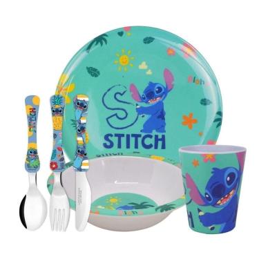 Imagem de Kit Refeição Infantil Melamina Stitch Disney 6 Peças Pratos, Copo E Talheres Inox - Tuut