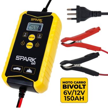Imagem de Carregador Automotivo Bateria Inteligente Portátil 6V/12V 150AH Display Digital Indicador Spark BR Proteção Carro Moto Carregamento Automático Bivolt