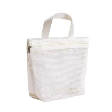 Imagem de 1 bolsa de mão de malha de maquiagem, bolsa de armazenamento de artigos de higiene pessoal portátil para viagem, ferramentas de banho, bolsa organizadora de cosméticos com zíper, Off White, Casual