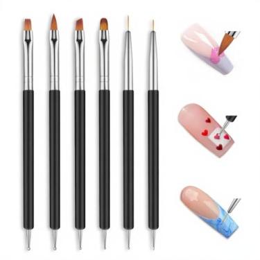 Imagem de Pincéis de arte de unhas, 6 peças de ferramentas de design de unhas de extremidade dupla com pincéis de pintura em gel Builder, pincéis de delineador de unhas, 6 canetas pontilhadas de tamanho