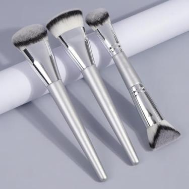 Imagem de 3 pincéis de maquiagem para o rosto, ultramacios, sem coceira, para base de blush, corretivo e contorno para iniciantes (prata)