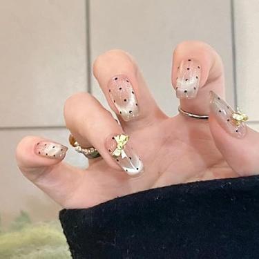 Imagem de Kit de unhas postiças 24 peças olho de gato prensado em unhas caixão médio, pregos de laço dourado 3D prensa de unhas caixão unhas acrílicas médio olho de gato nude unhas postiças unhas adesivas