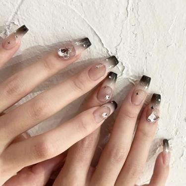 Imagem de Kit de unhas Y2K Caixão médio francês preto falso cola em unhas com design de estrela para mulheres cobertura completa strass acrílico artificial bastão falso em unha para uso diário casamento 24