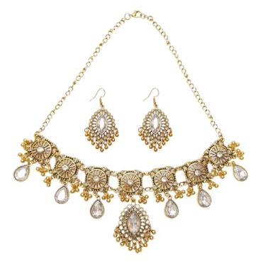 Imagem de Conjuntos de joias indianas para mulheres, conjunto indiano de templo oxidado, colar com pingente estilo Bollywood, brincos pendentes Maang Tikka e Jhumka, joias de casamento delicadas, presentes