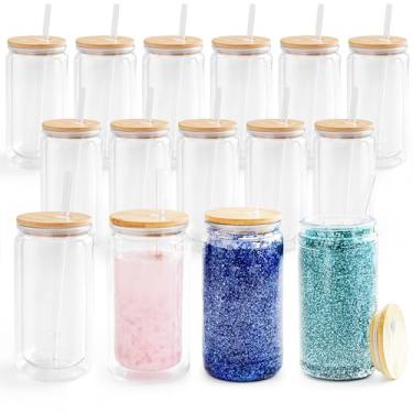 Imagem de FECBK Pacote com 15 copos de globo de neve de acrílico com tampas e canudos de bambu 473 ml copo de globo de neve de plástico com orifício pré-perfurado copos de globo de neve de parede dupla