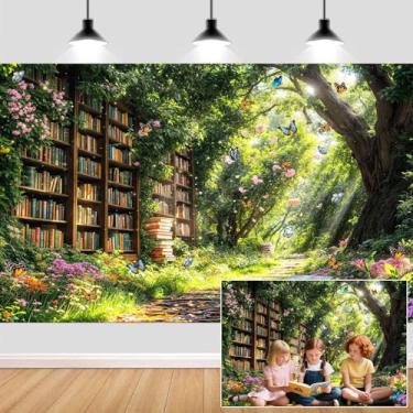 Imagem de Fundo de biblioteca de fadas da floresta encantada, 1,8 x 1,5 m, estante mágica para jardim, floral, borboleta, fotografia, decoração de festa de aniversário, faixa de chá de bebê, adereços para fotos