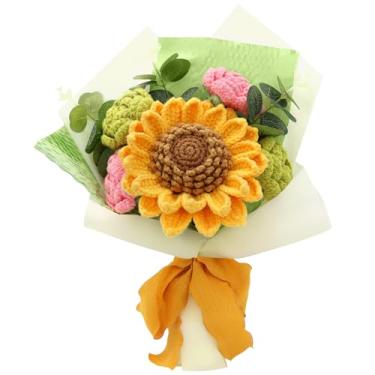 Imagem de FUCAN Flores de crochê, buquê de flores de fio de algodão de crochê acabado, folha de samambaia de tulipa rosa de crochê feito à mão como presente para amantes, amigos. Flor artificial (marrom e verde