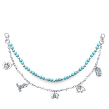 Imagem de Kimonce Chaveiro de corrente de calças em camadas para mulheres e homens, corrente de jeans com cruz de coração e flor de strass, pingente de bolsa punk Y2K, joias de cintura