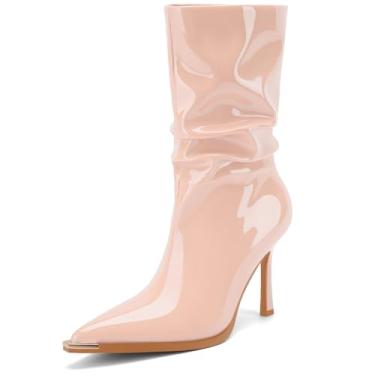 Imagem de Perisis Botas femininas despojadas de cano médio, bico fino, salto agulha de puxar na moda, botas de couro envernizado, botas casuais para festa de escritório, outono e inverno, Rosa bebê, 40