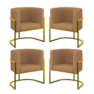 Imagem de Kit 04 Poltronas Lua Sala Decorativa Base Ferro Gold Veludo Capuccino