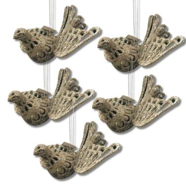 Imagem de Kit Enfeites de Natal 5 Pássaros Dourados Champanhe com Glitter | Decorativos para Árvore, Guirlandas e Arranjos | Enfeite Natalino Elegante, Leve e Brilhante para Decoração de Casa, Lojas e Festas