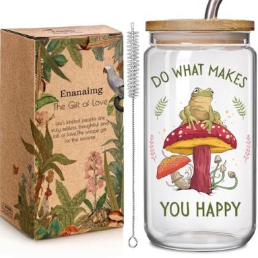 Imagem de Enanaimg Cogumelo engraçado decoração sapo copo de vidro com tampa e canudo presentes para mulheres e homens, faça o que faz você feliz sinal bonito floresta quarto natureza citação vidro pode