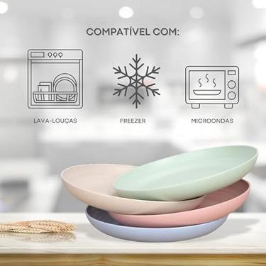 Imagem de Conjunto de 4 Pratos para Jantar em Palha de Trigo, Coloridos, Resistentes, para Refeição Adulto e Criança, Compatível com Microondas, Lava Louças e Freezer