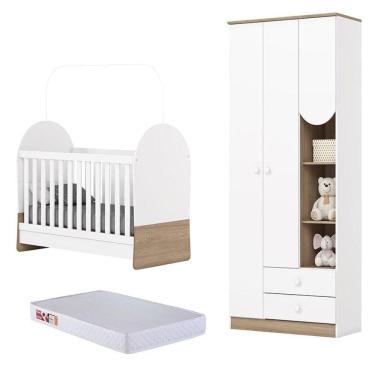 Imagem de Guarda Roupa 3 Portas E Berço Mini Cama Magia Branco Jequitibá Com Colchão 130x60 Prorelax - Henn