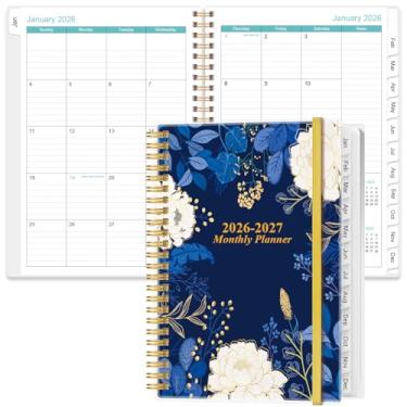 Imagem de Agenda mensal 2026-2027 - janeiro de 2026 a junho de 2027, duas páginas por mês, calendário mensal 18 com abas, bolso interno, 16,3 cm x 21,6 cm, flor de folha azul