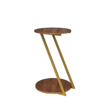 Imagem de Mesinha de canto para sala Mesa Lateral Nicho Apoio Sofá Sala Dubai Base Z Design Moderno Tampo Redondo Madeira Decoração 63X45X23CM(Dourado-Tampo Amêndoa)