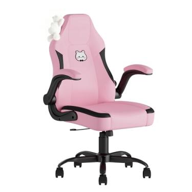 Imagem de Submi Cadeira de jogos rosa, cadeira de escritório ergonômica com suporte lombar, cadeira de computador com apoios de braço flip-up, cadeira de trabalho confortável para meninas e mulheres, cadeiras