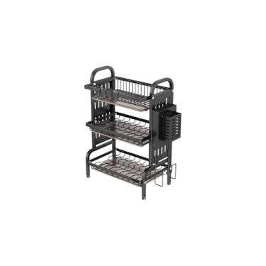 Imagem de Escorredor de Louças 3 Andares, Metal e Plástico, Preto, 61x42x23,5 cm, com Porta-Talheres e Bandeja Removível, para Cozinha