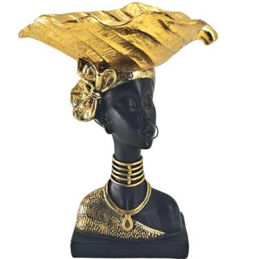 Imagem de OGANGART Bandeja de estátua africana – Escultura tribal de busto de 24 cm, estatueta dourada para decoração de casa para sala de estar/escritório, mesa de livros/presente de inauguração de casa