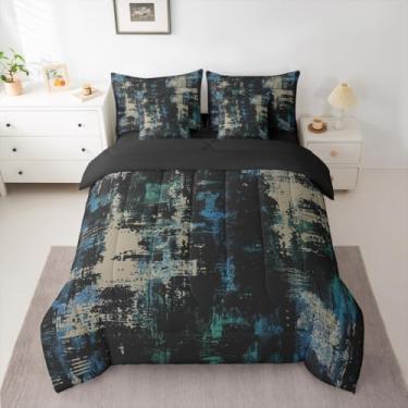 Imagem de Feelyou Conjunto de edredom abstrato, king size, moderno, arte abstrata, azul, preto, em uma bolsa com edredom, lençóis, fronhas, capas de almofada, decoração de quarto de luxo, geométrico