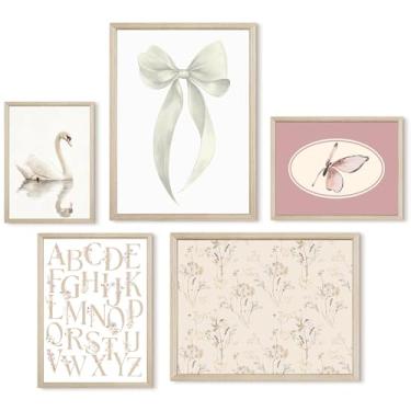 Imagem de Arte de parede de berçário de menina decoração de parede em tela vintage imagens de quarto de bebê impressões de arte de cisne floral pôster de arco branco pintura borboleta vintage arte de berçário