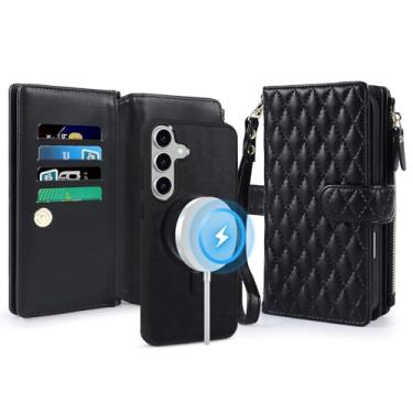 Imagem de Lacass Capa carteira para Samsung Galaxy S25 FE, compatível com MagSafe 2 em 1 de couro sintético destacável magnético com bloqueio de RFID, suporte para cartão, cordão de pulso com zíper, preto