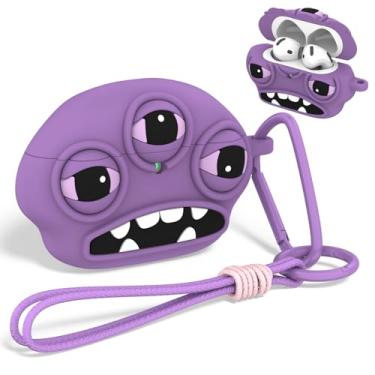 Imagem de OAJ Capa protetora engraçada para AirPods 4, desenho animado 3D, capa de silicone macio com chaveiro e cordão (Roxo)