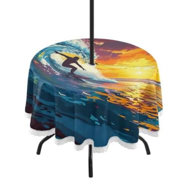 Imagem de Blueangle Toalha de mesa redonda impermeável de 152 cm para surfista ao ar livre com orifício para guarda-chuva - Tecido resistente à prova de sol para todos os climas para pátio, acampamento