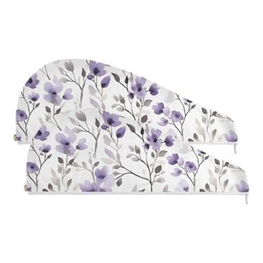 Imagem de SEHANY Toalha de cabelo de microfibra elegante flores roxas para mulheres 2 peças turbantes de cabelo de secagem rápida com botão, touca de cabelo seco absorvente toalha de secagem de cabelo para